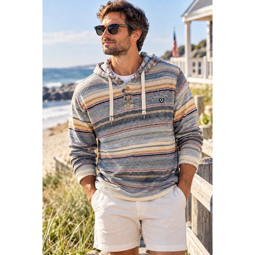 Vissla Baja Hoodie Mens Medium Blue Striped Woven Henley Pullover Hooded